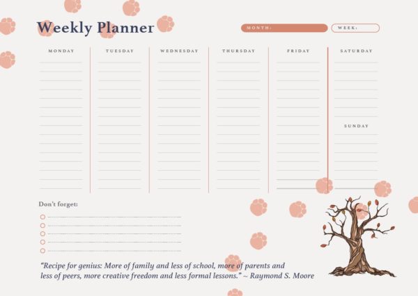 South African Homeschool planner sample page